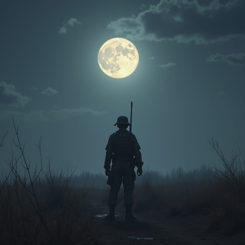 Private Ponders War Under Full Moon on Desolate Battlefield