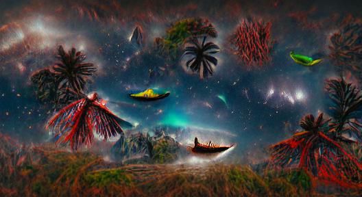 an organic shaped spaceship in a melanesian moluccan jungle, space nebula, cinematic, Maluku, Ambon, polynesia, palmtree...