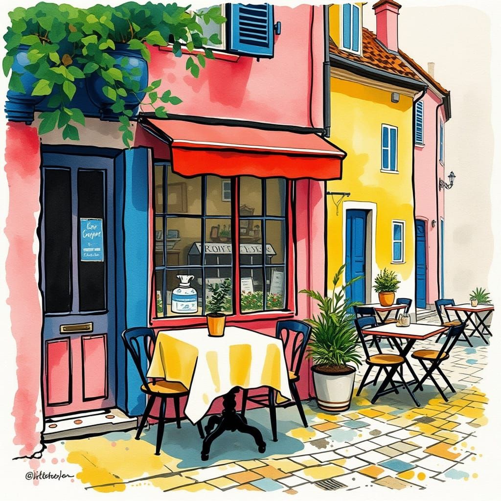 Quaint Cafe Scene after Rain as Watercolor Painting