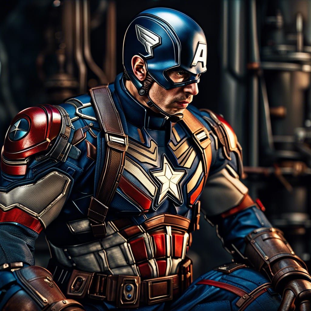 Hyperrealistic Captain America in Intricate Mechanical Suit