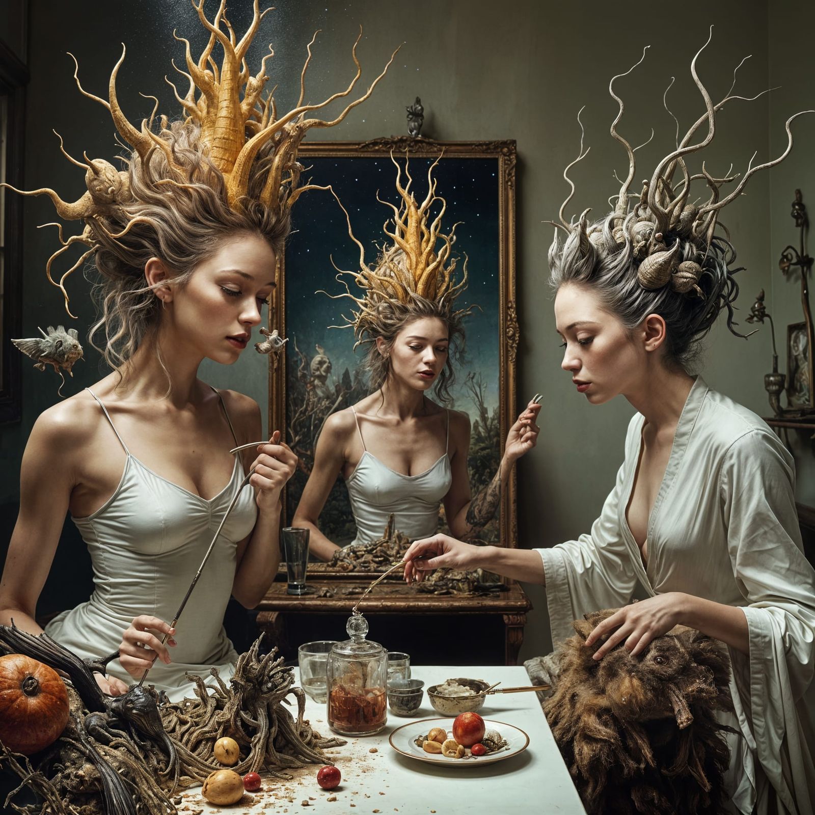 Bizarre Creatures in Pristine Lab, Detailed Matte Painting