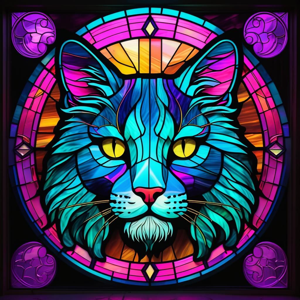 A stained glass window with a mane koon cat face