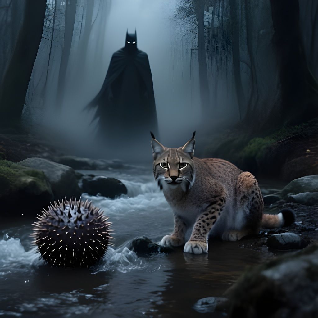 Surreal Lynx Watches Cloaked Figure in Dark Forest