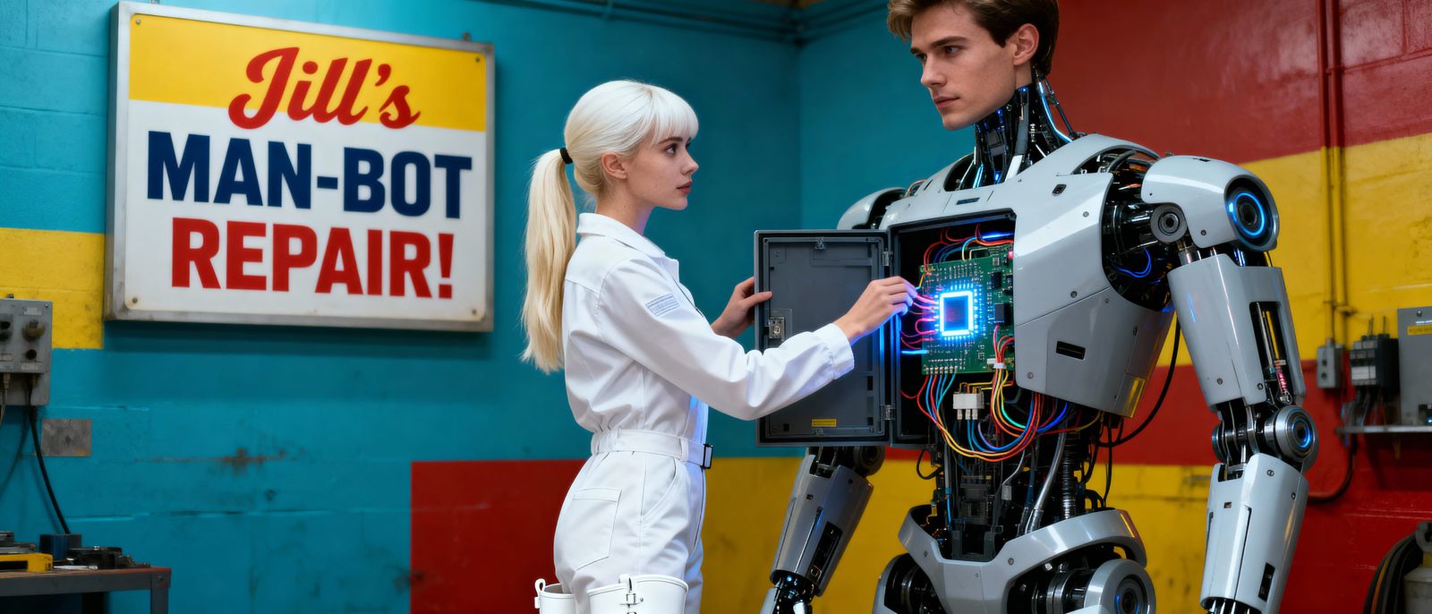 Woman Repairs Man-Bot at Jill's Repair Shop