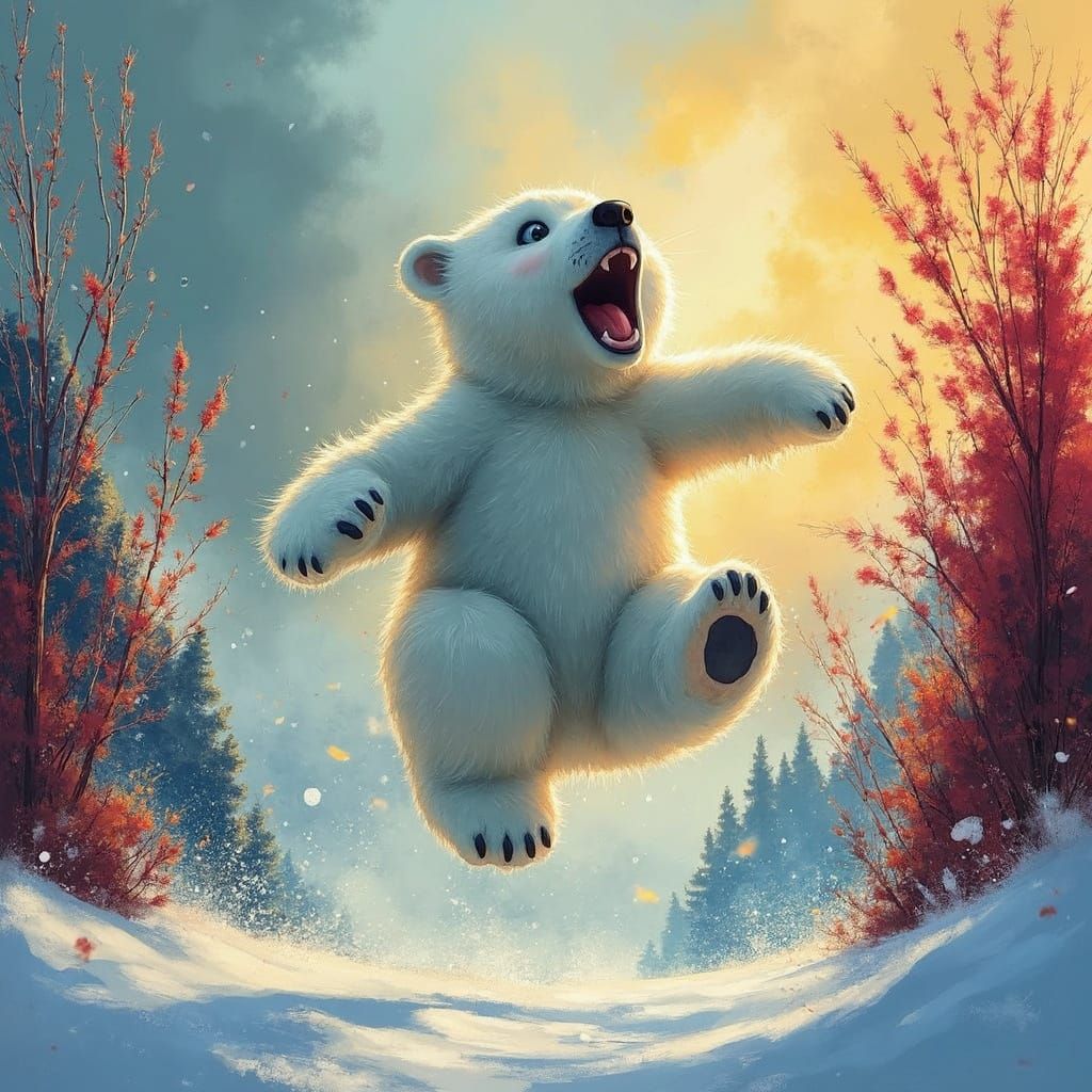 Fluffy Polar Bear in Vibrant Grunge Winter Wonderland