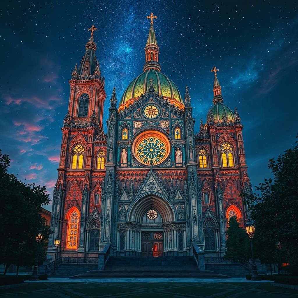 Vibrant Cathedral Architecture in Pointillist Style