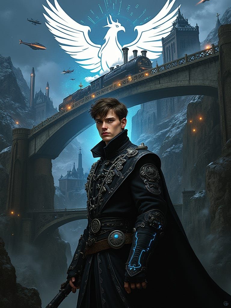 Steampunk Baron in Front of Castle with Airships