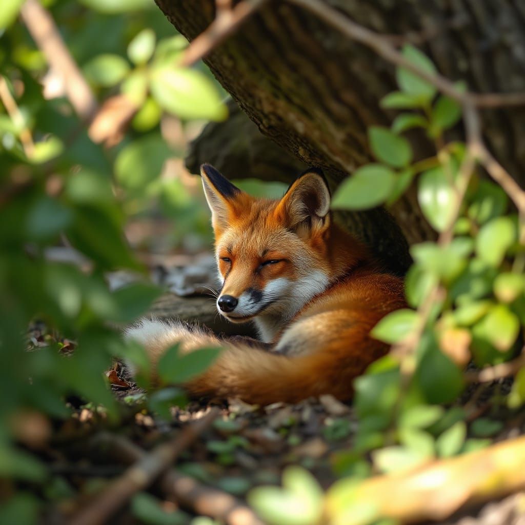 Fox Sleeping in Woods: Natural Light Photography