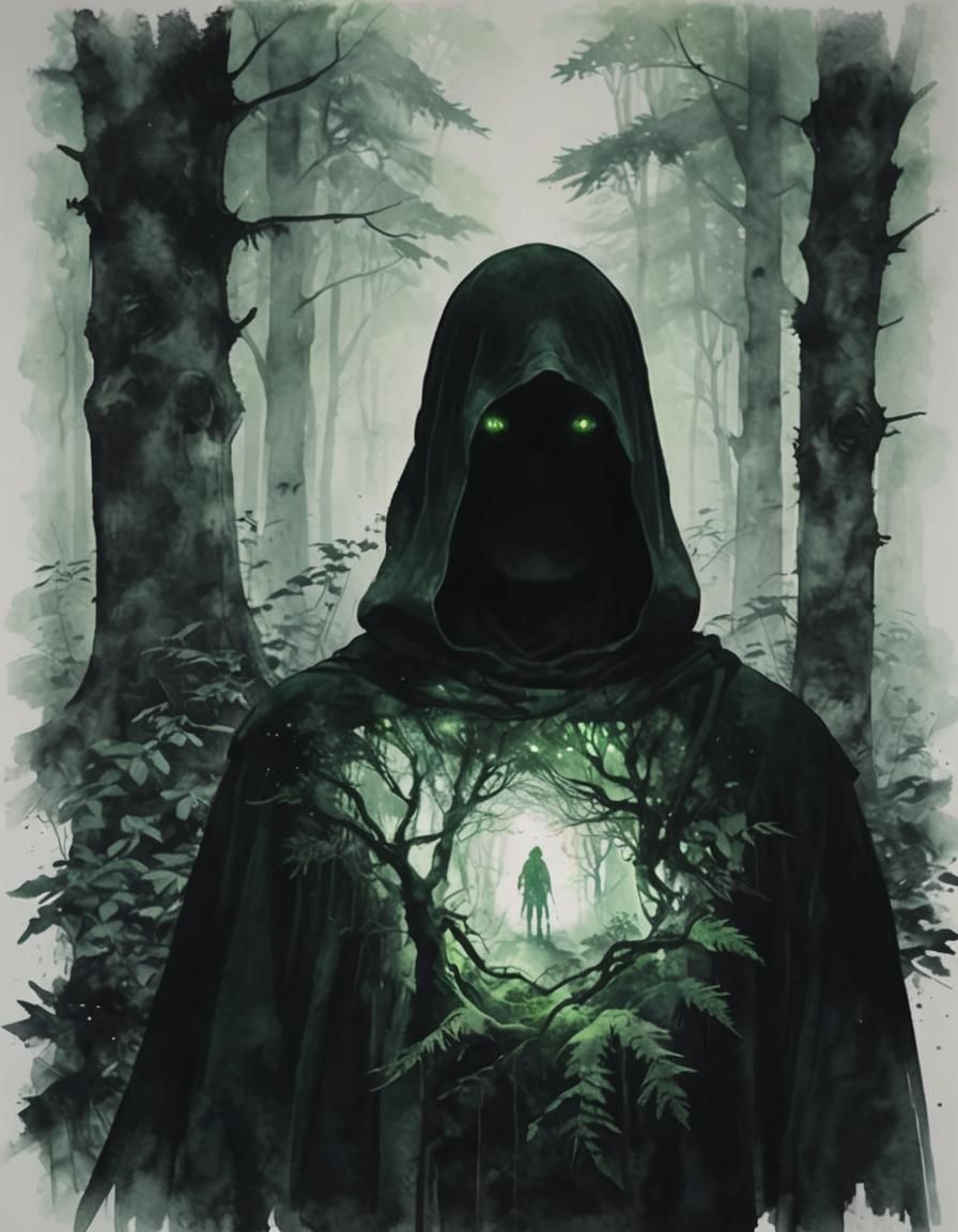 Monochrome Cloaked Figure with Glowing Eyes in Forest
