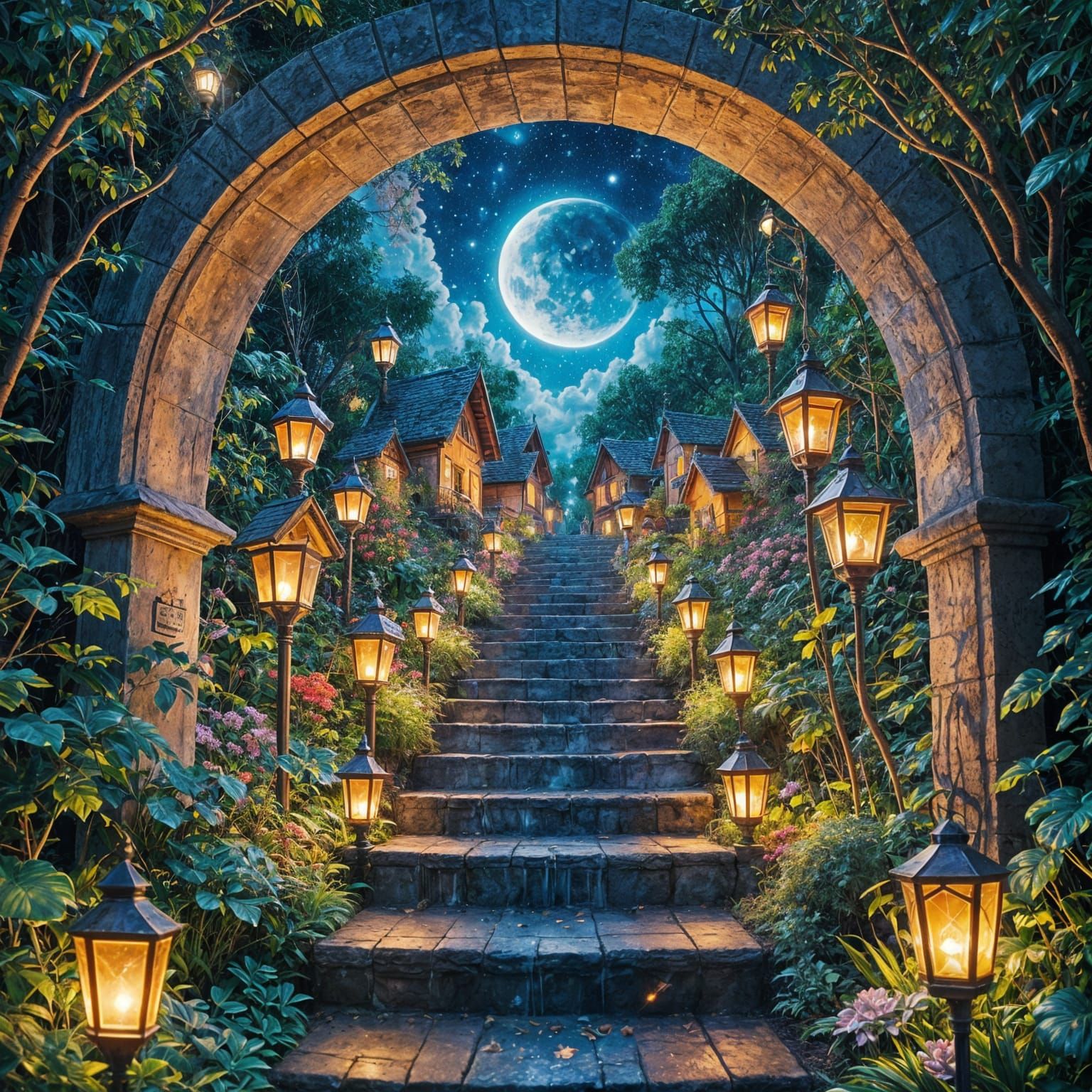 Dreamlike Landscape with Rainbow Staircase, Oil Painting