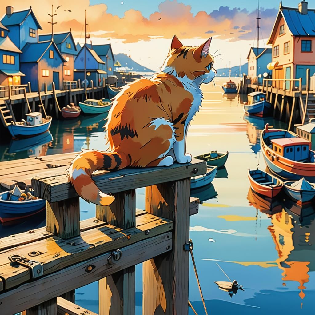 Cat Overlooking Bustling Wharf in Anime Style