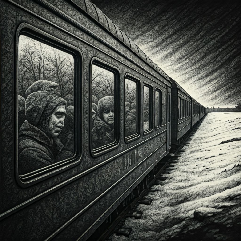 Vintage Train in Winter Landscape Charcoal Drawing
