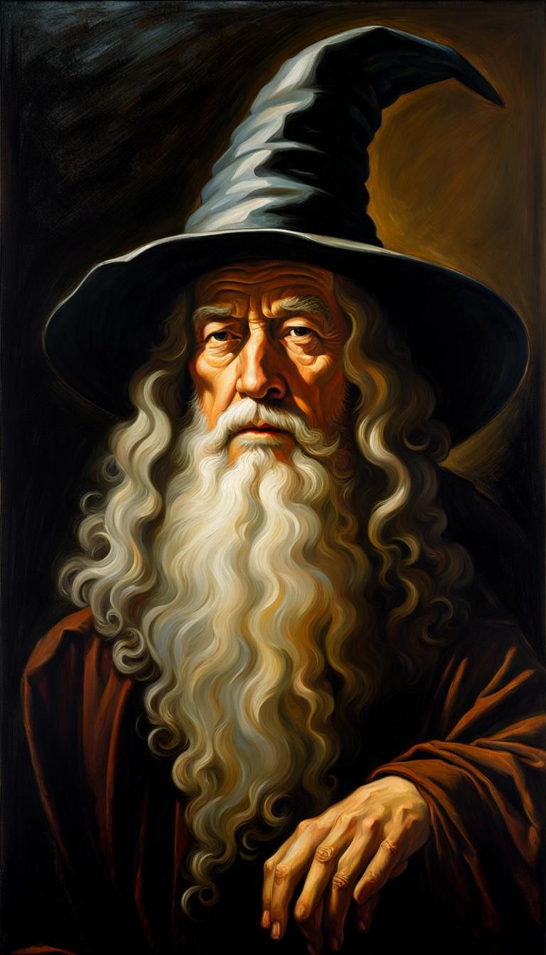A portrait of (Gandalf), Baroque, dramatic contrasts between light and dark, emotional intensity, tenebrism, soft edges,...
