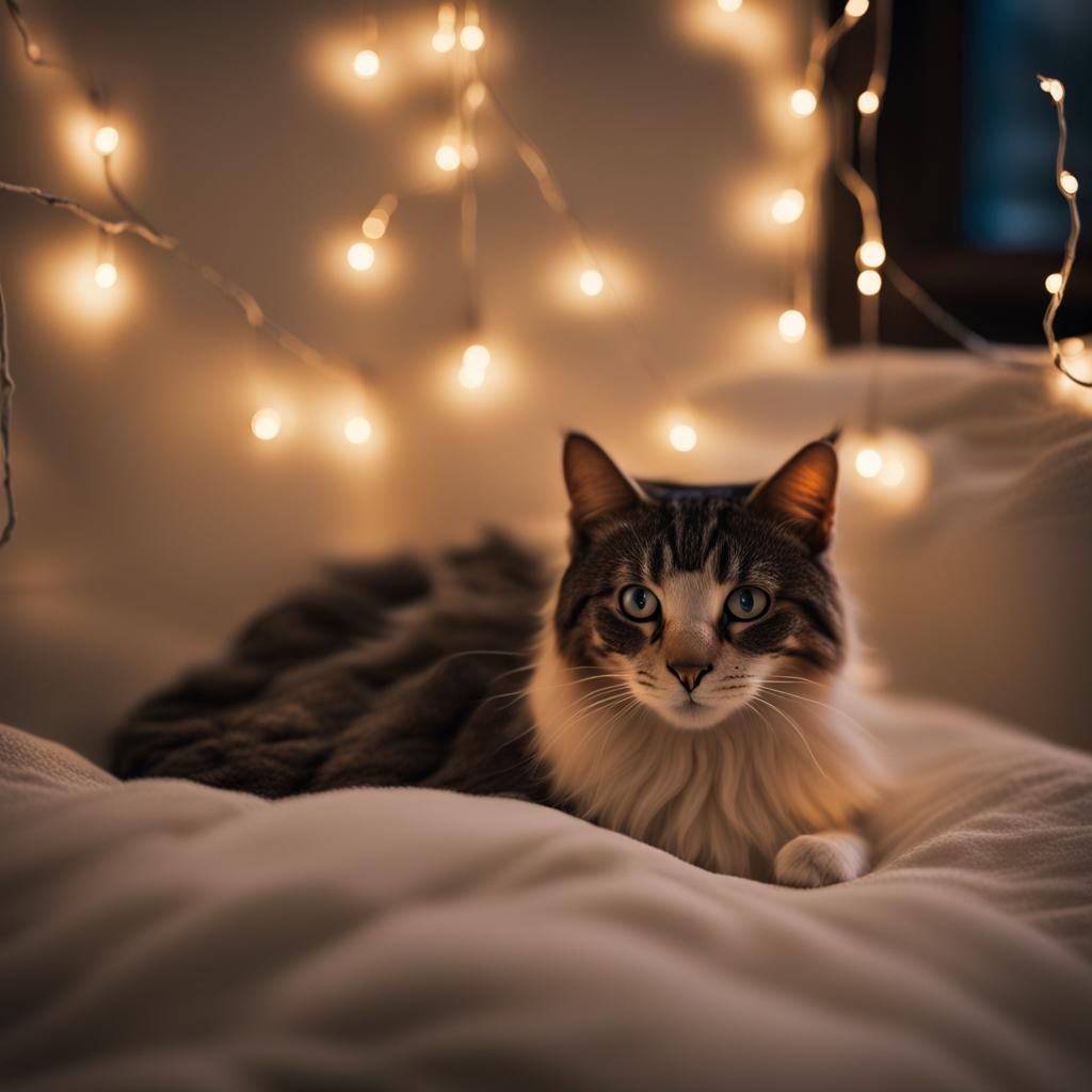 Softly Lit Bedroom with Cat and Fairy Lights