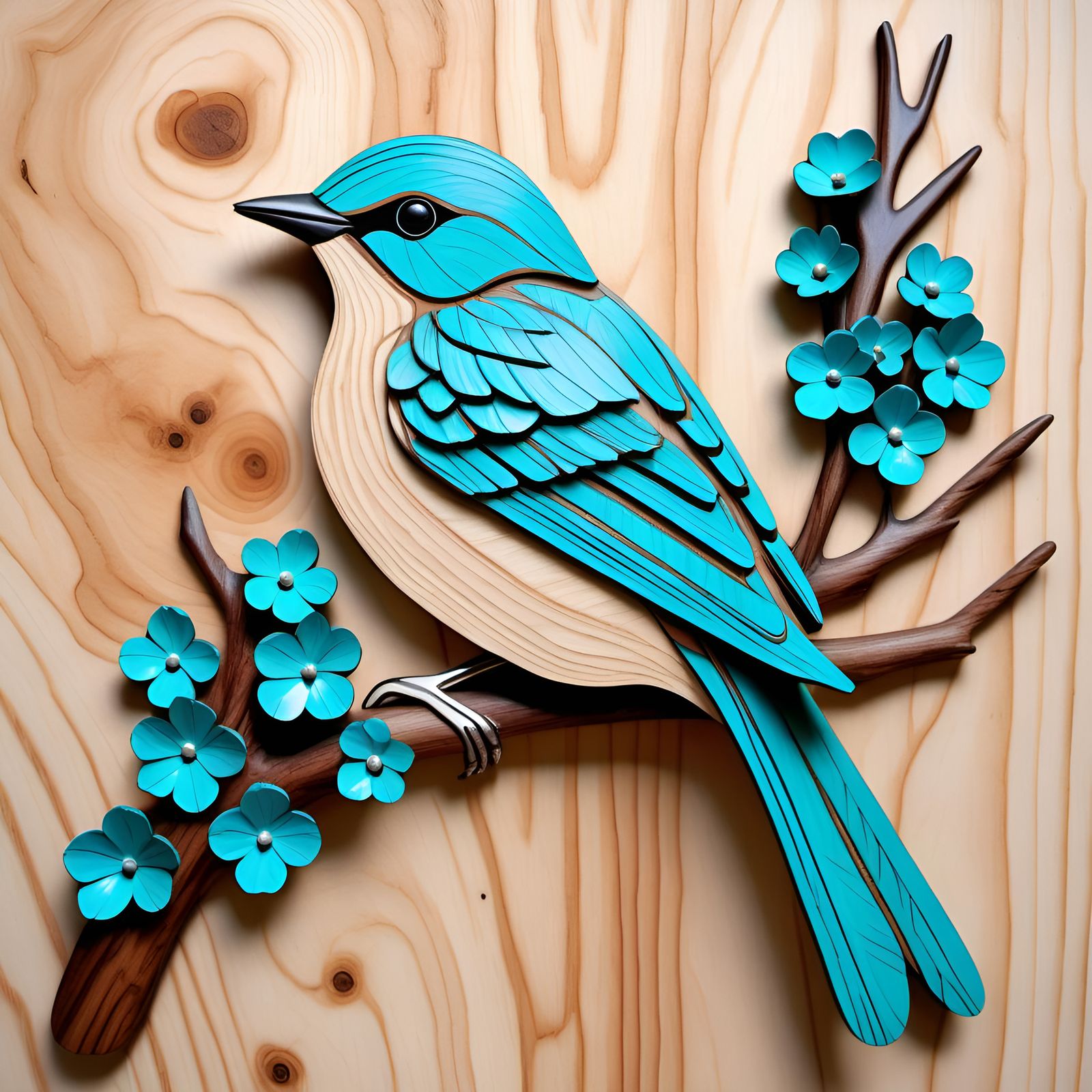 Hyperrealistic Wooden Bird with Turquoise Flowers