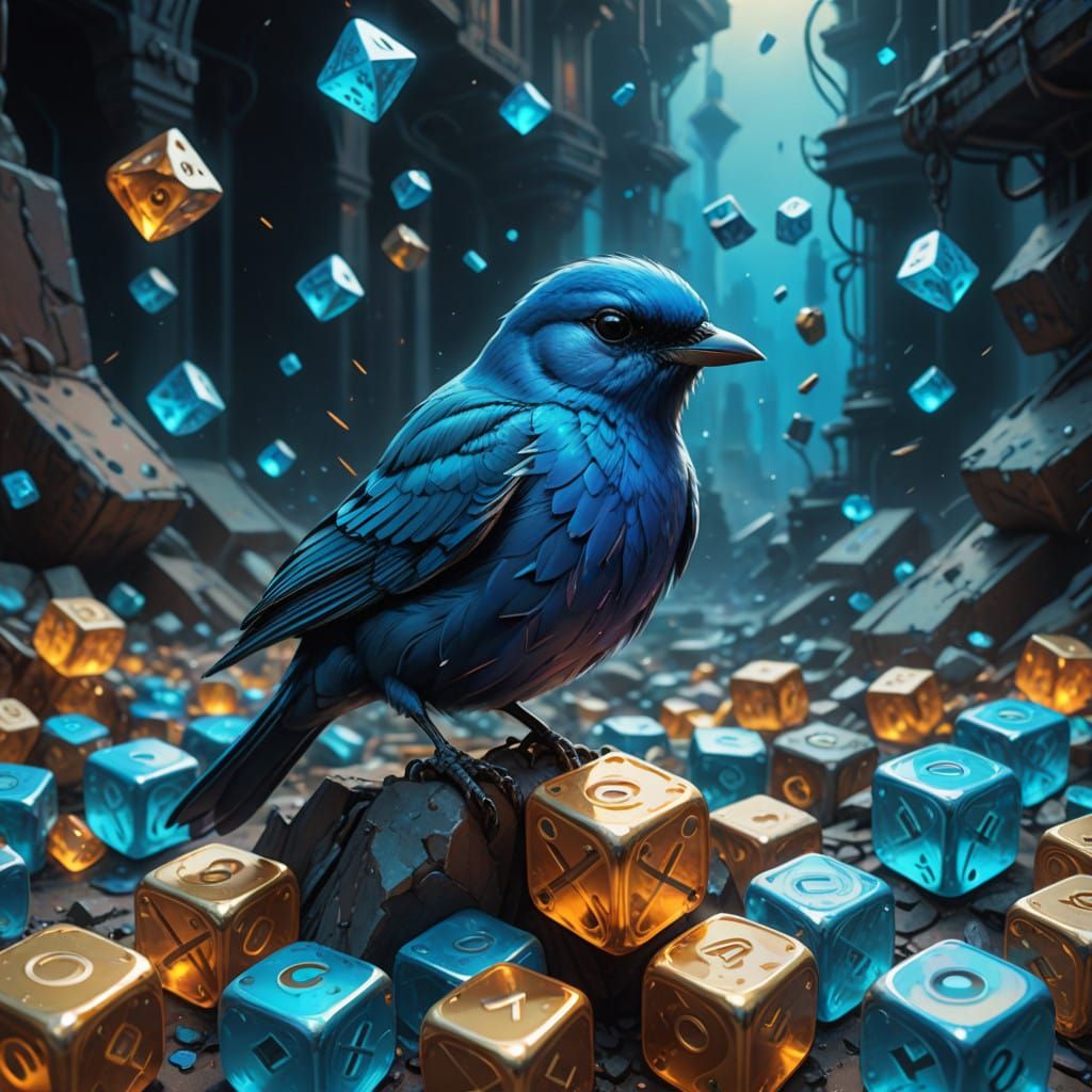 Luminous Blue Bird Ascends Amidst Gemstone Dice
