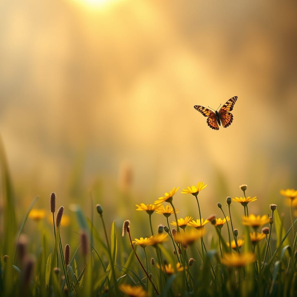 Cozy Morning Meadow Scene with Golden Buttercups and Butterf...