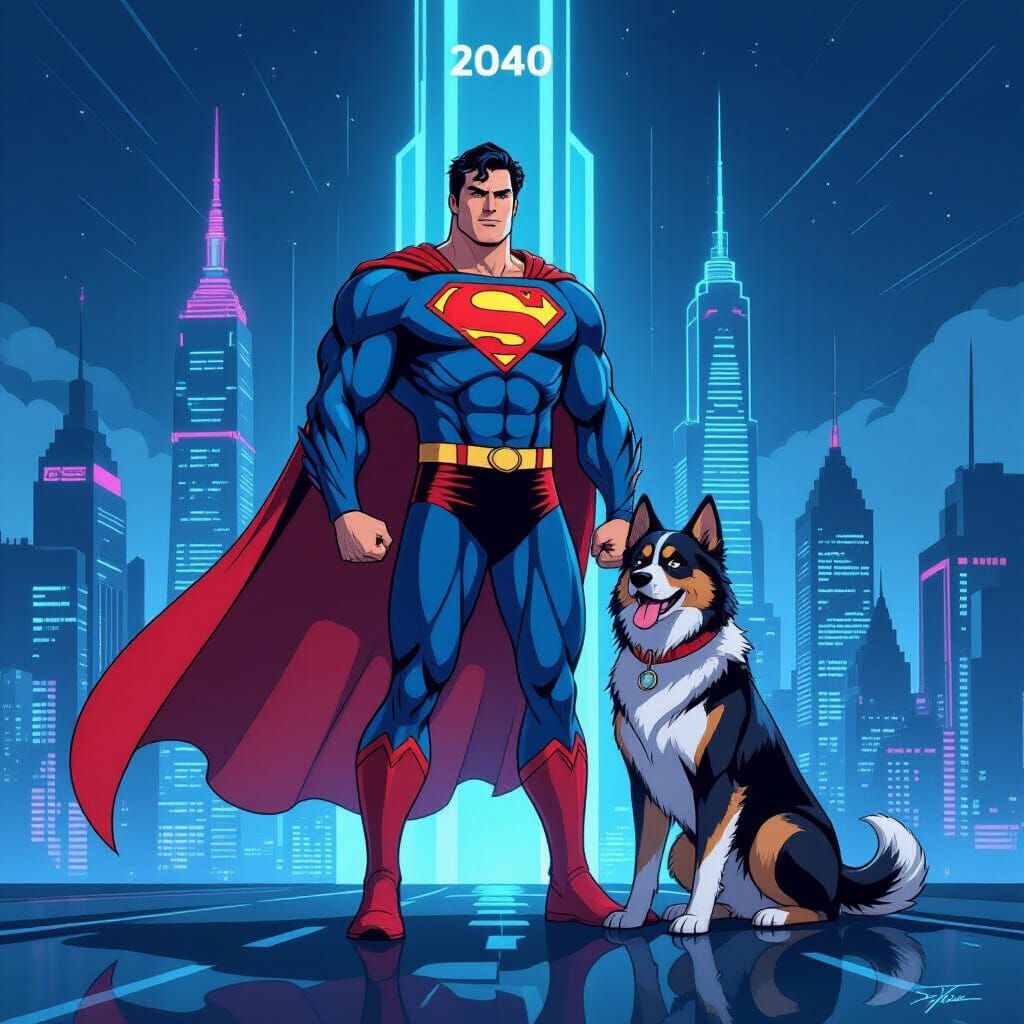 Superman and Krypto in Futuristic Metropolis Illustration