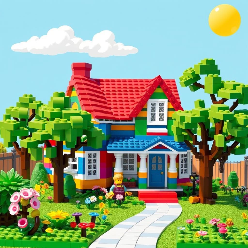 Whimsical Lego Dreamhouse Amidst a Vibrant, Blocky Garden