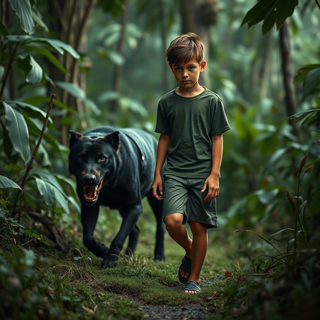 Boy Tiptoeing Through Jungle With Ferocious Dog