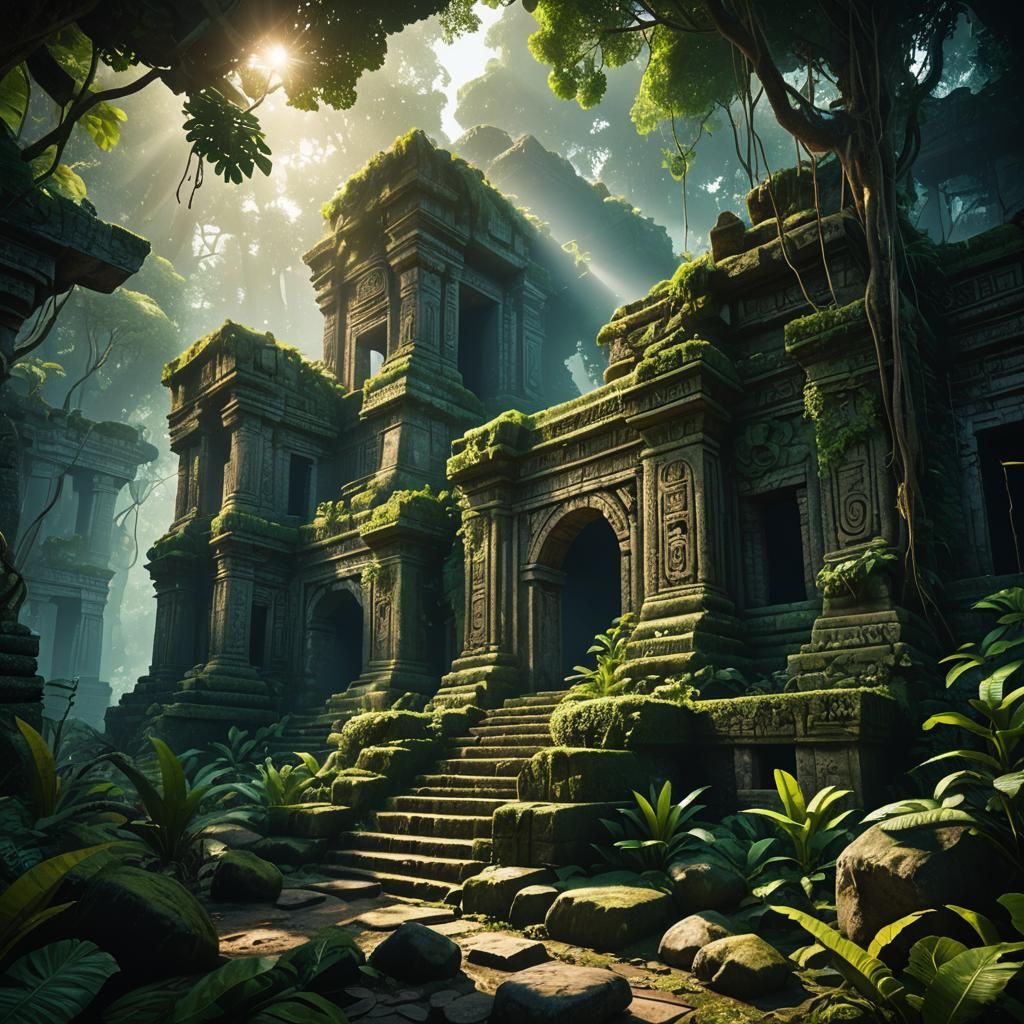 Mayan City Ruins in Overgrown Jungle