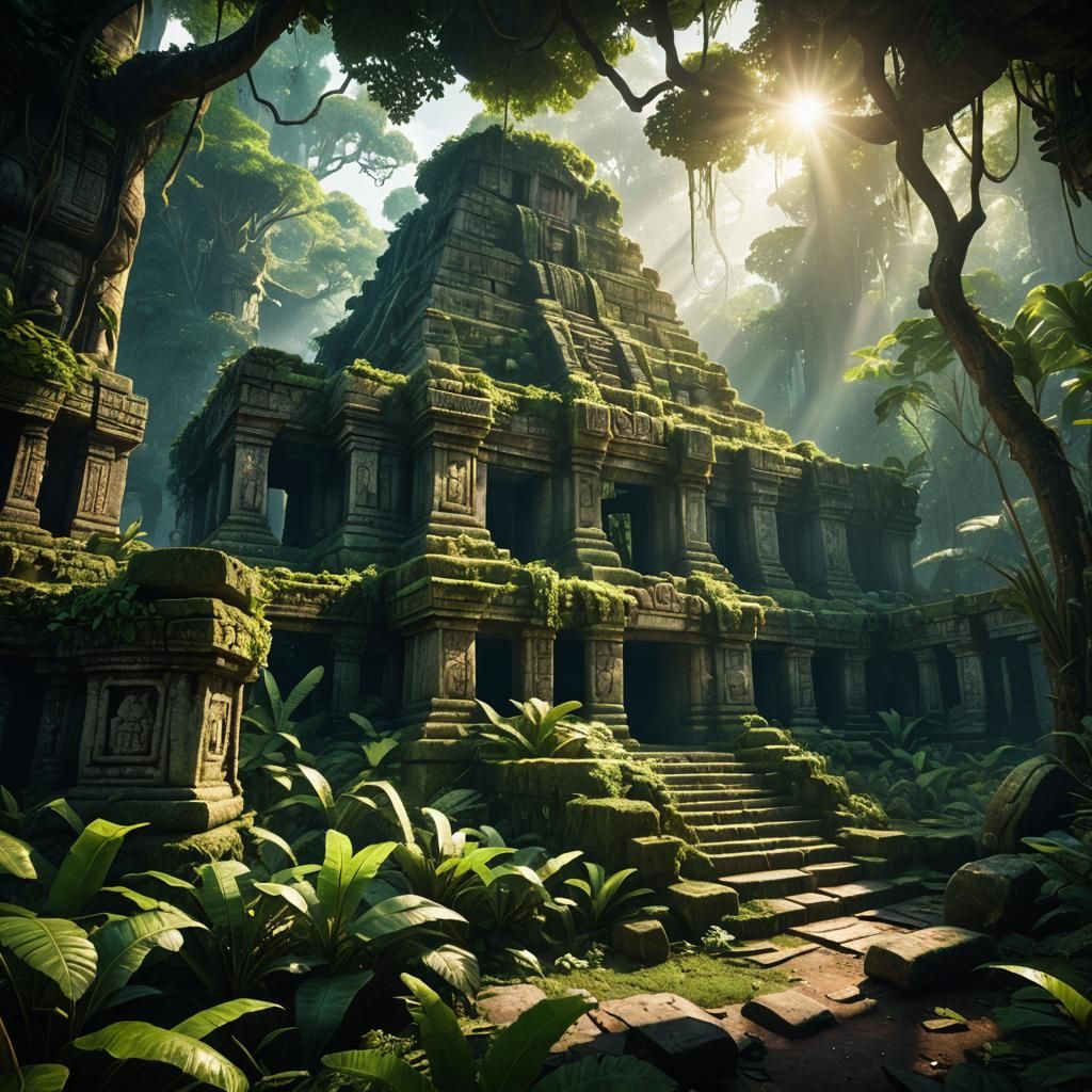 Mayan Ruins in Jungle with God Rays