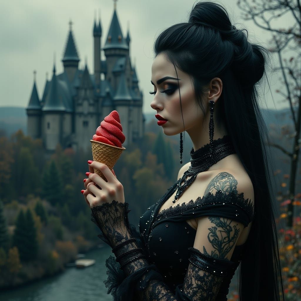 Goth Woman Intently Gazing at Ice Cream Cone