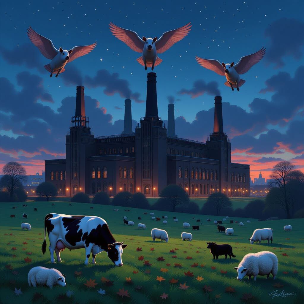 Gothic Battersea Power Station at Twilight with Winged Pigs