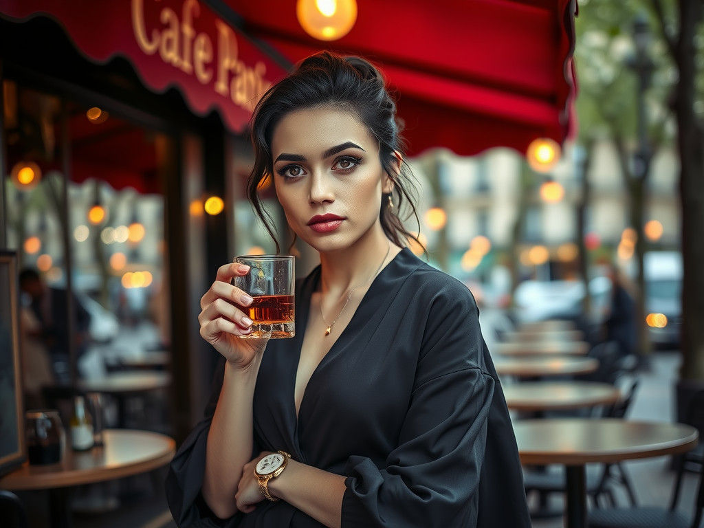 Sensual Woman Drinks Whiskey at Paris Cafe