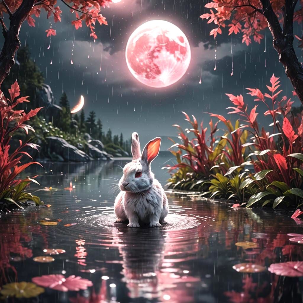Rabbit Dancing in Rain Under Moonlit Sky