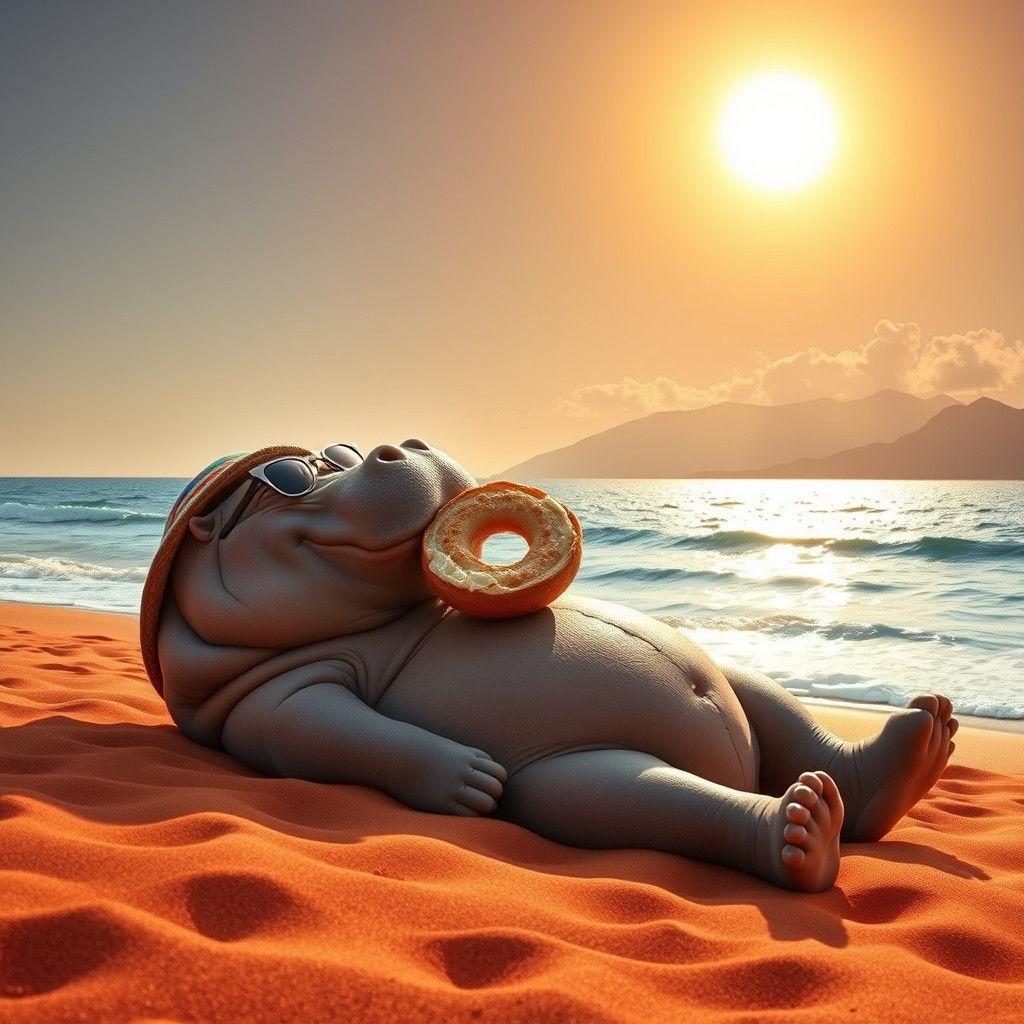 Tan Hippo Relaxes on Beach with Bagel