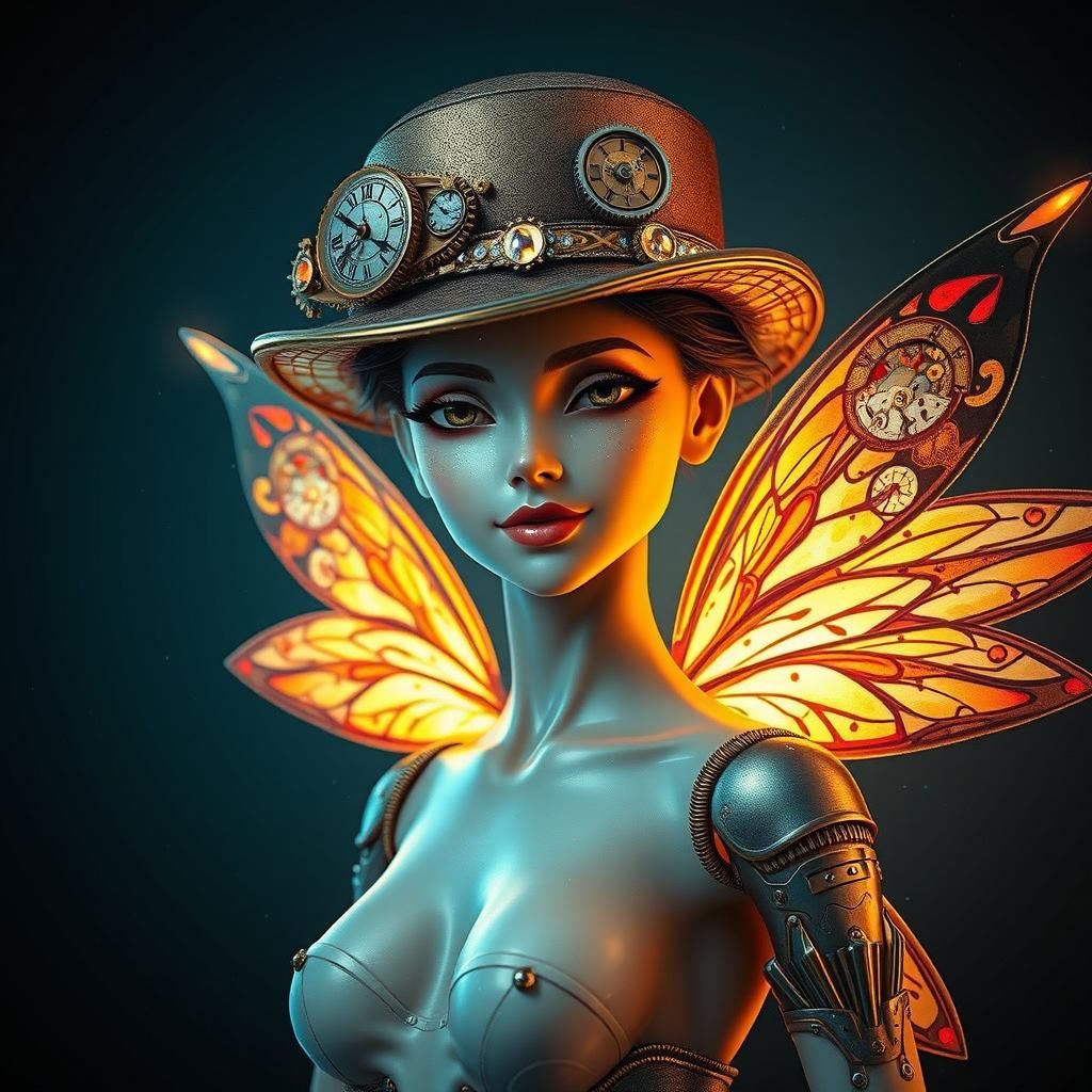Mechanized Fairy with Clockwork Gears and Crystal Details