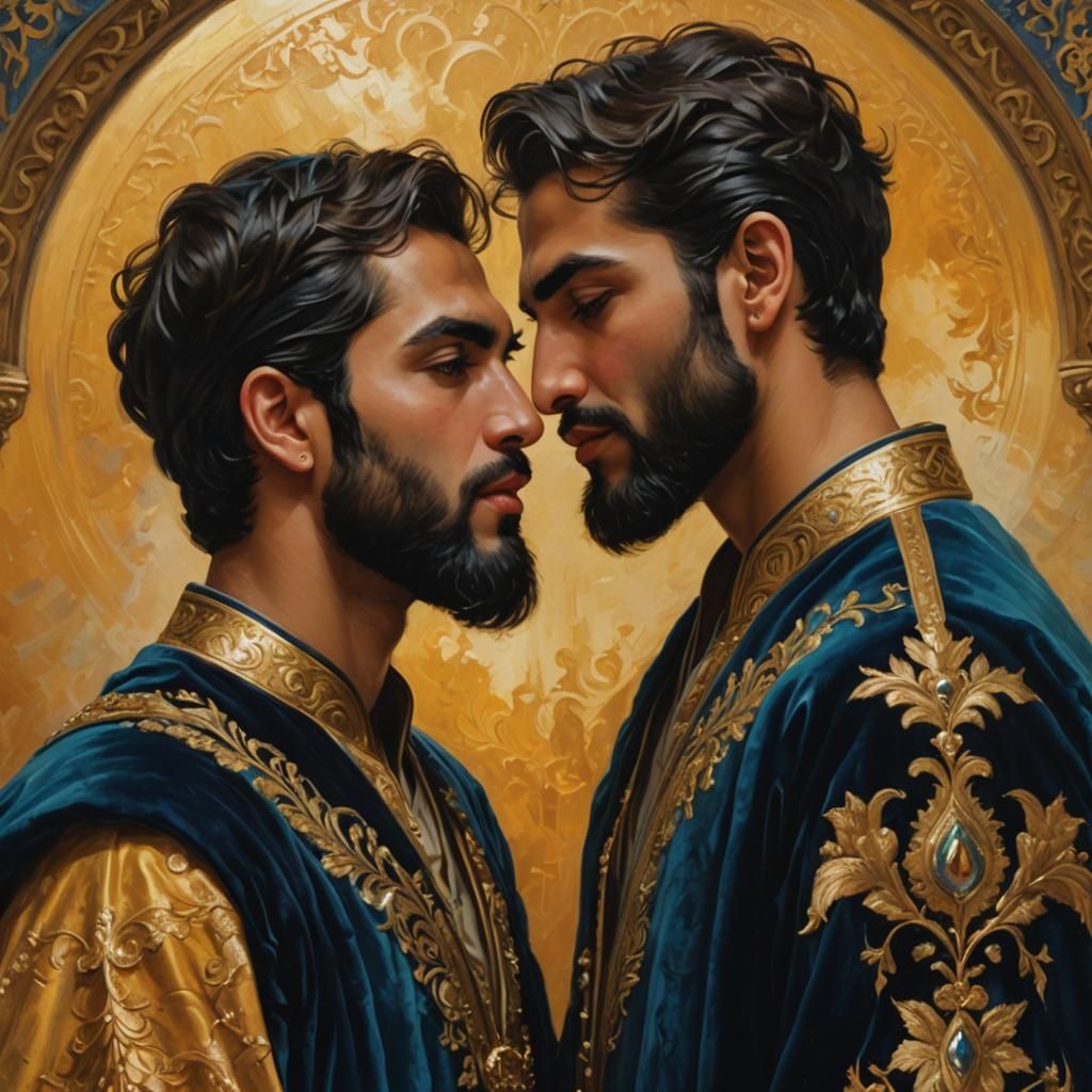 Kissing Men in Neo-Impressionist Expressionist Oil Painting