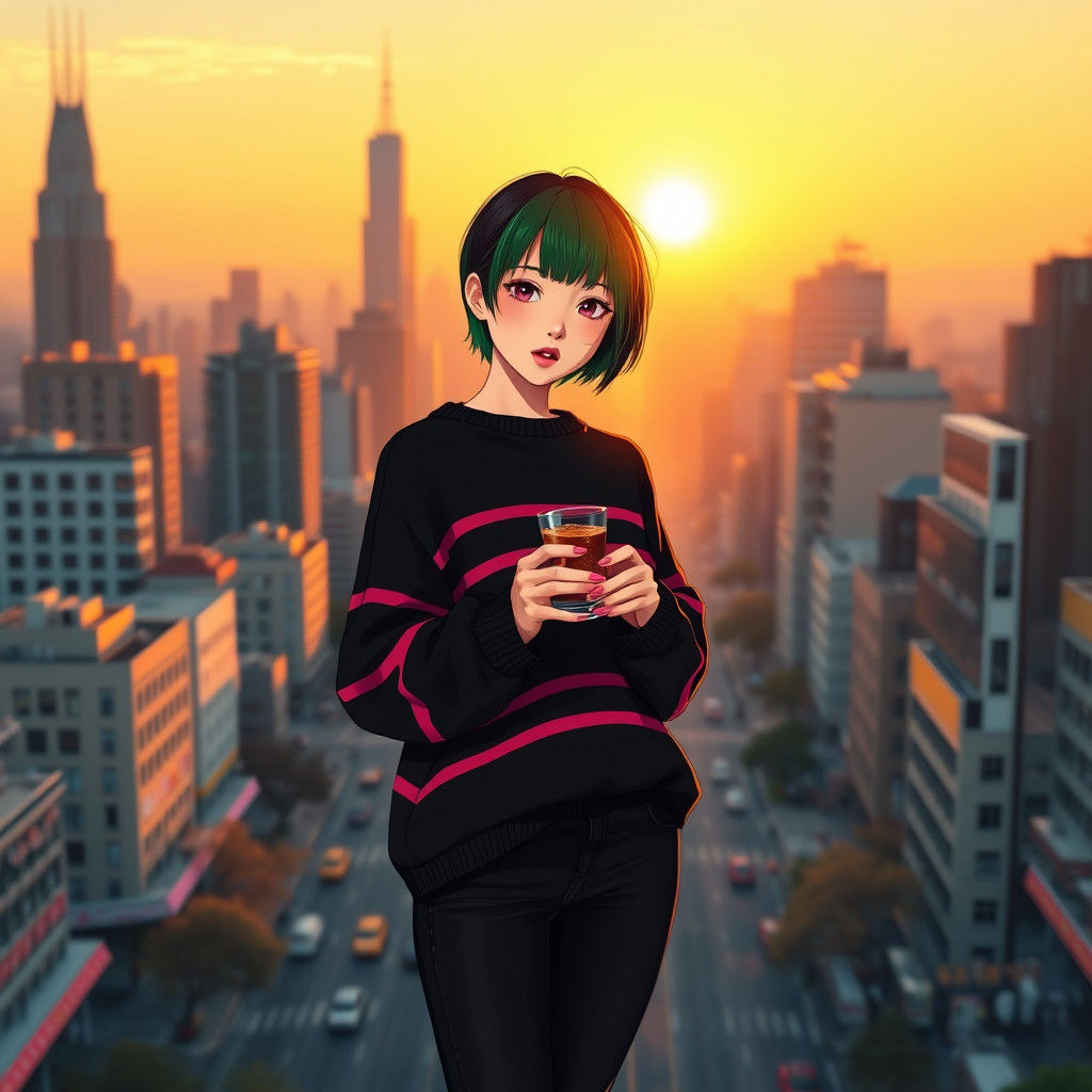 Anime Woman with Green Bangs at Sunrise