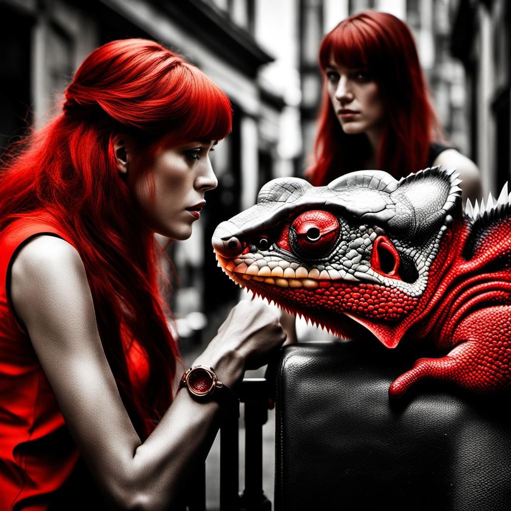 Hyperrealistic Redhead Girls with Red Chameleons