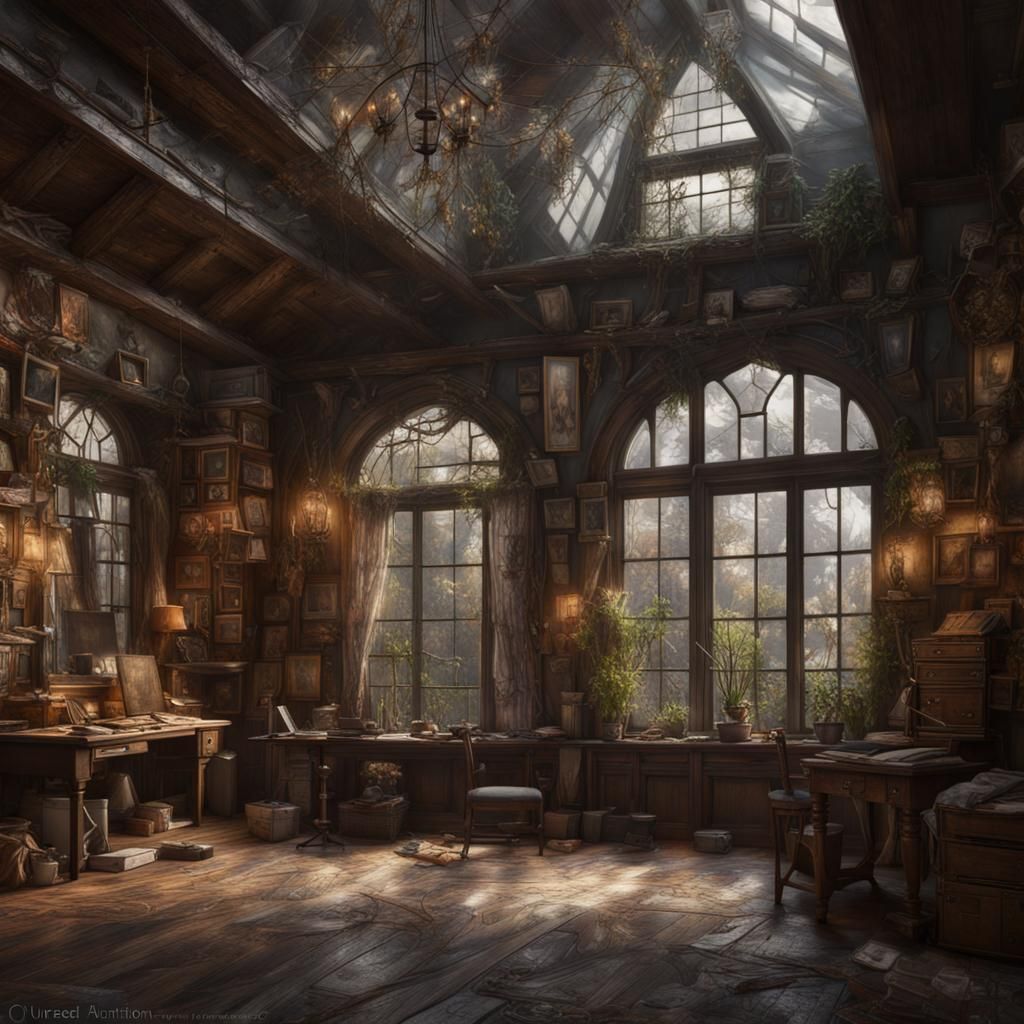 Photorealistic Old Atelier with Cobwebs and Covered Canvases