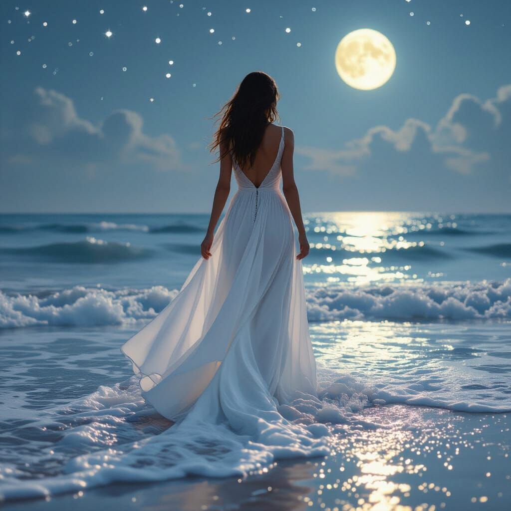 Woman in White Dress Walking into Ocean at Night