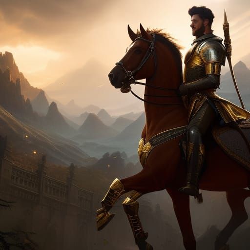 Golden Knight on Horse in Dark Fantasy Style