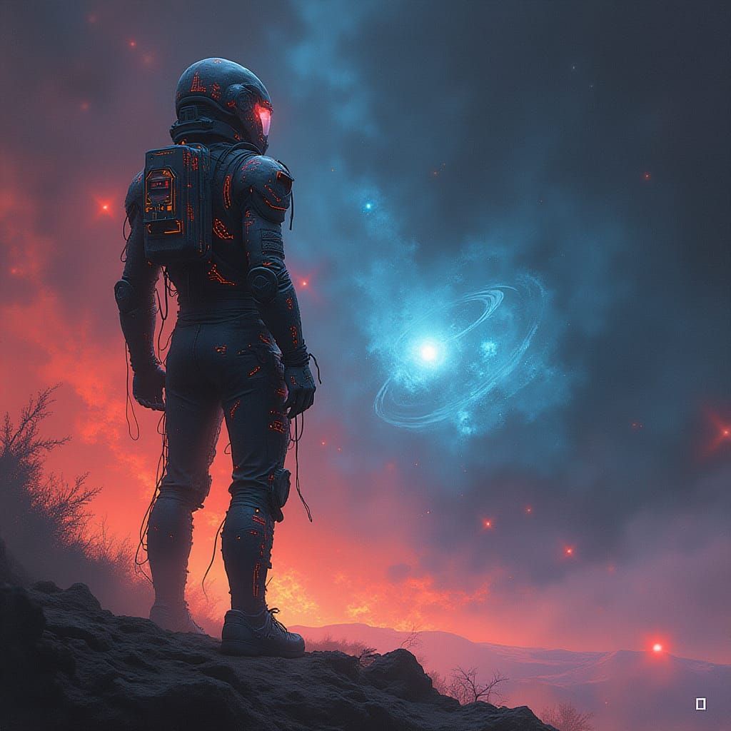 Cyberpunk Cosmic Voyager in Swirling Nebula