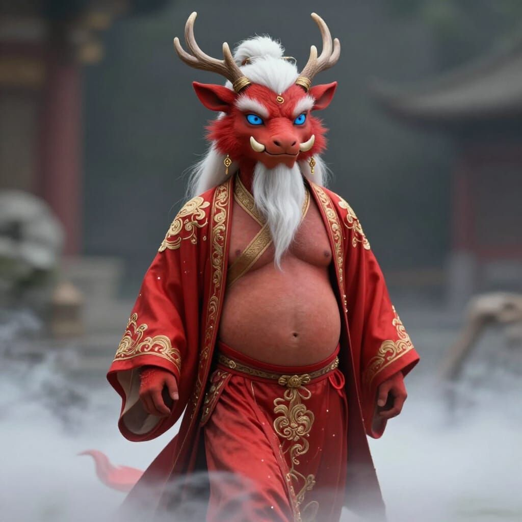 Qilin Spirit Man with Antlers and Blue Eyes