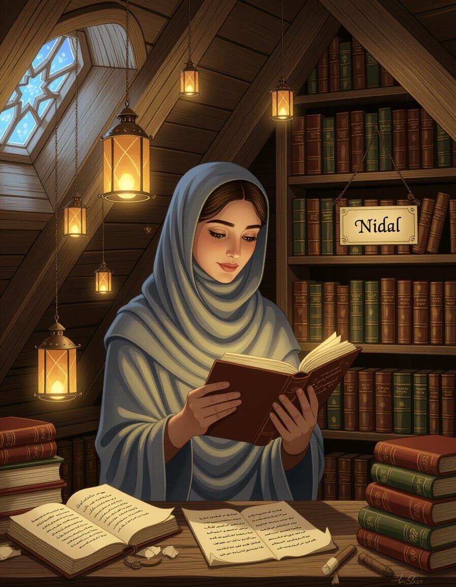 Palestinian Woman in Attic Library, Anton Pieck Style