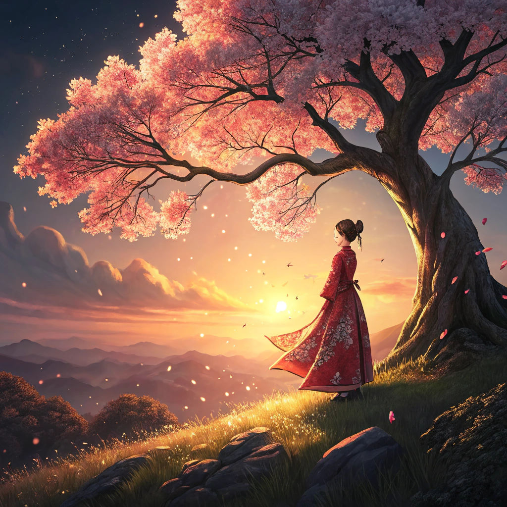 Girl in Chinese Dress at Sakura Sunset