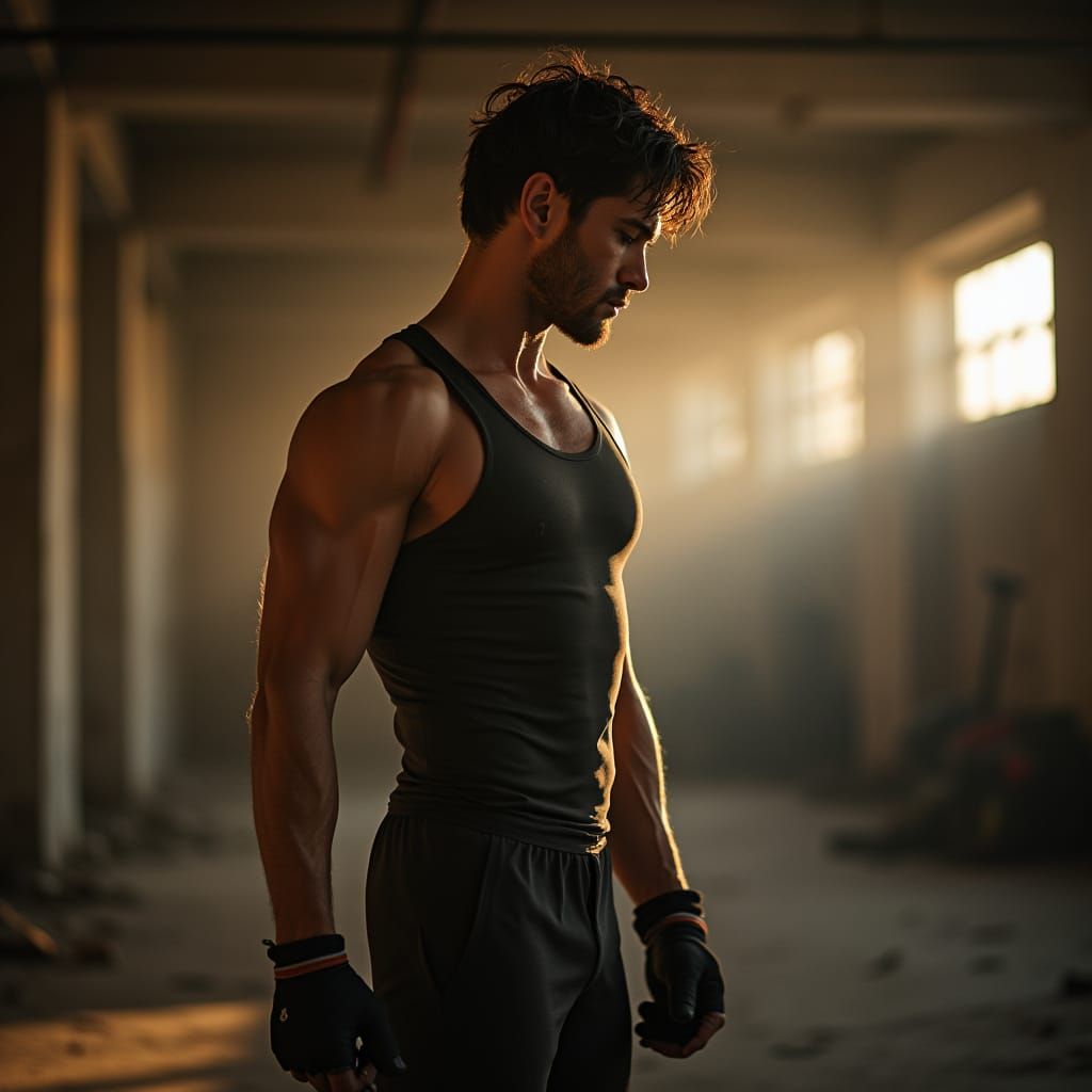 Muscular Man Works Out in Abandoned Warehouse at Sunset