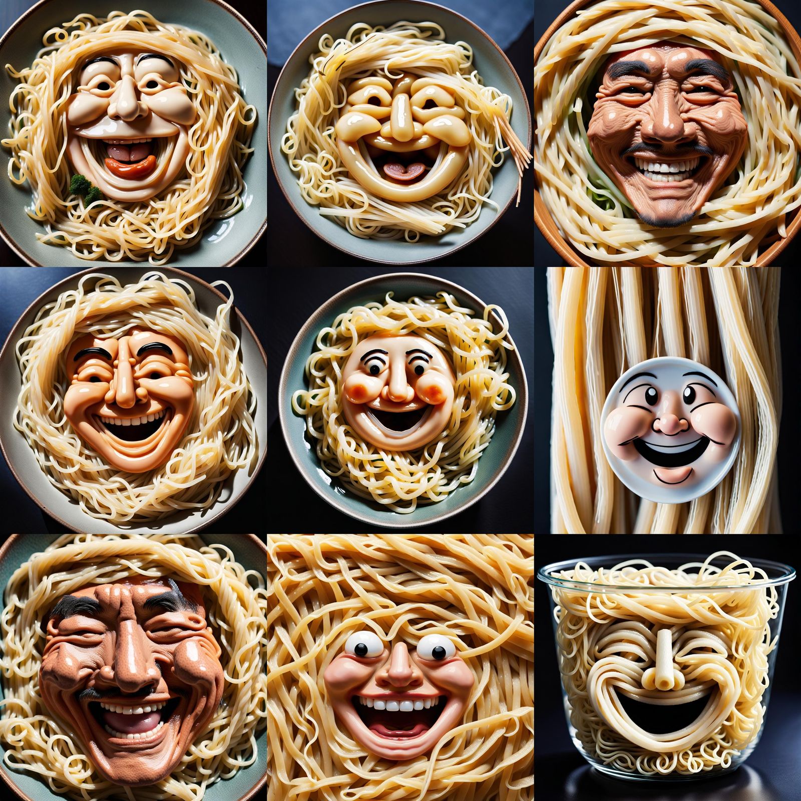 Faceted Noodles with Smiling Faces in Glass