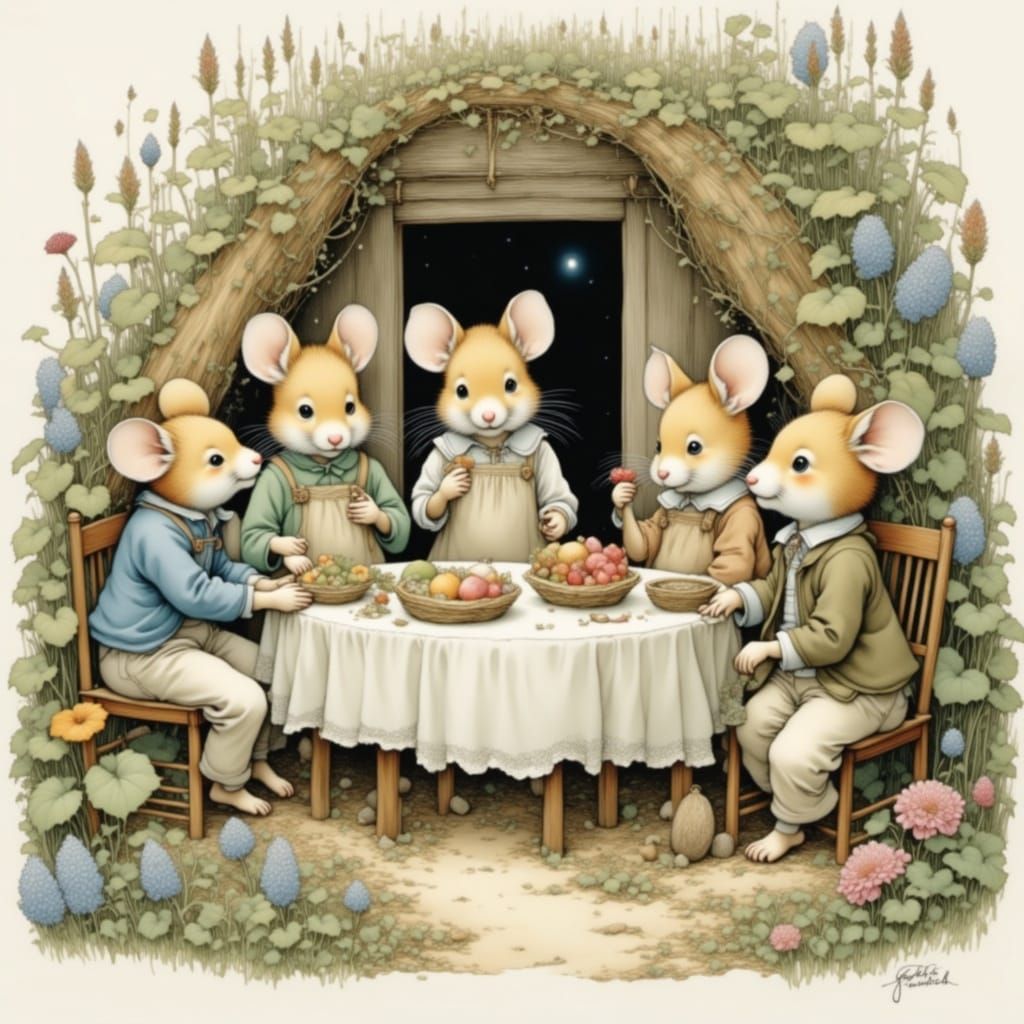 Whimsical Mice Celebrate a Garden Party in Delicate Watercol...