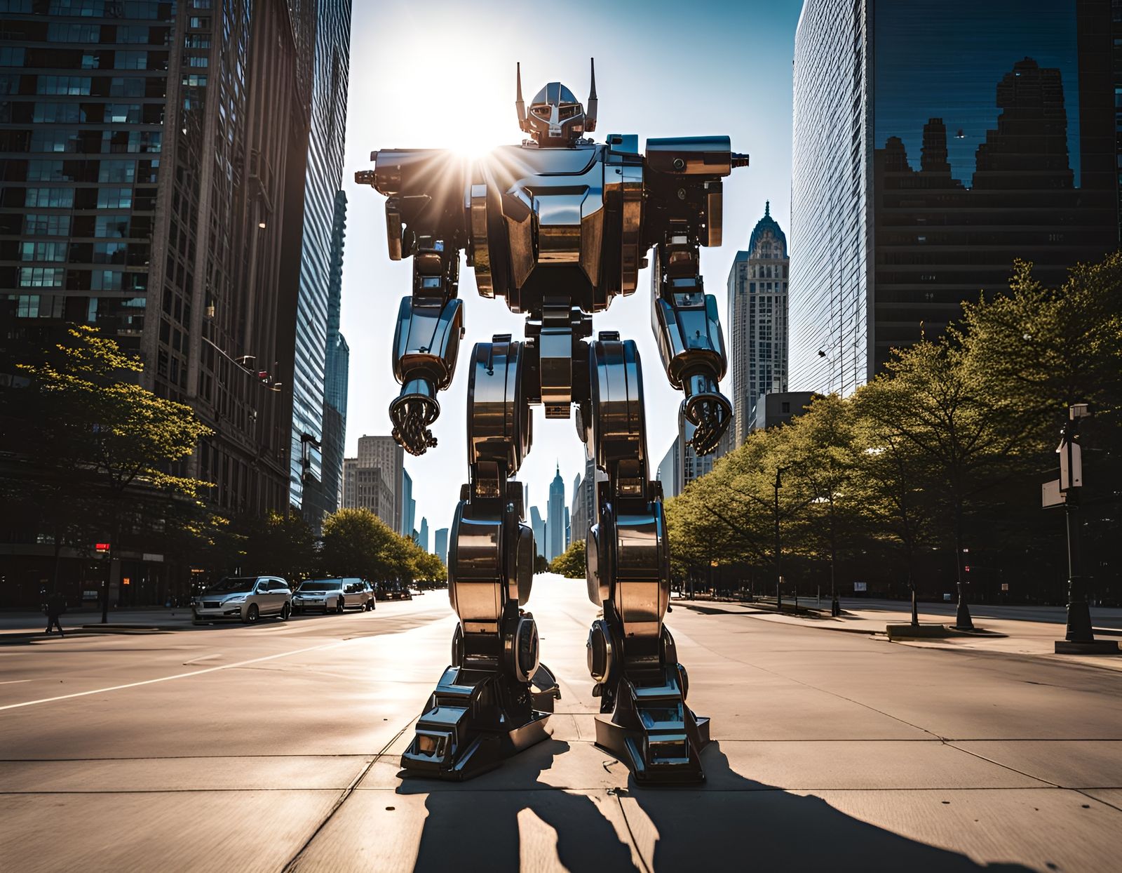 Giant Mecha Reflects Chicago in Dramatic Lighting