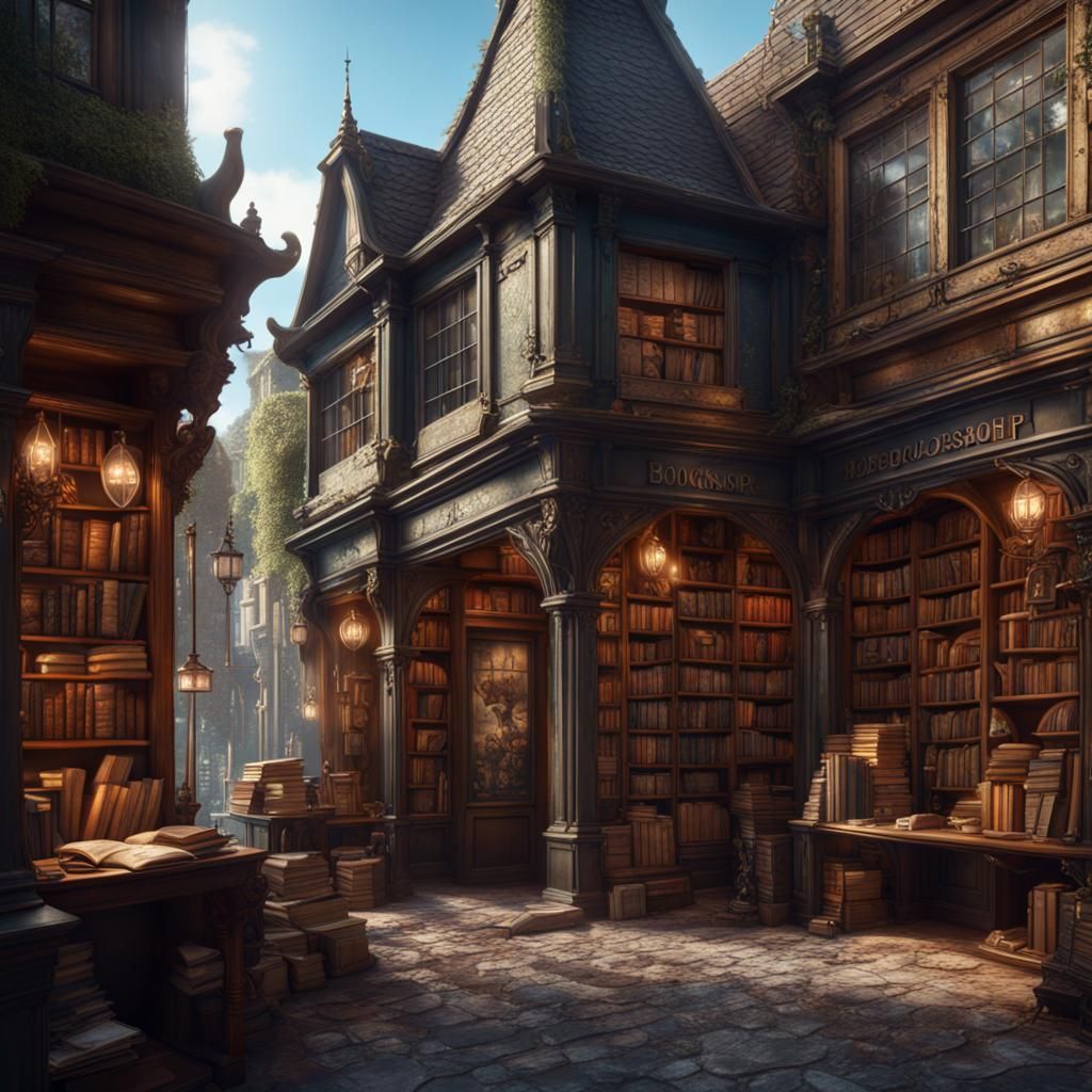 Fantastical Antique Bookshop in Detailed Matte Painting Styl...