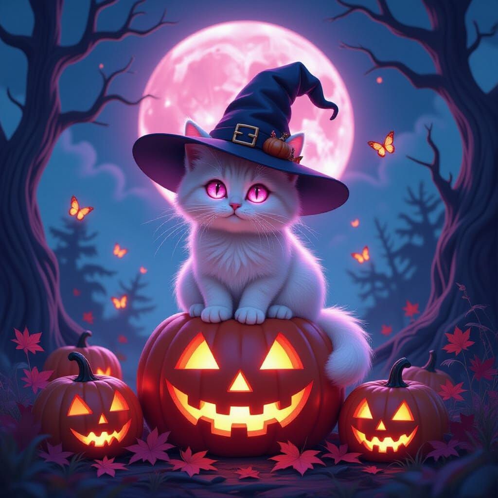 Pastel Halloween Cat in Mystical Dreamscape