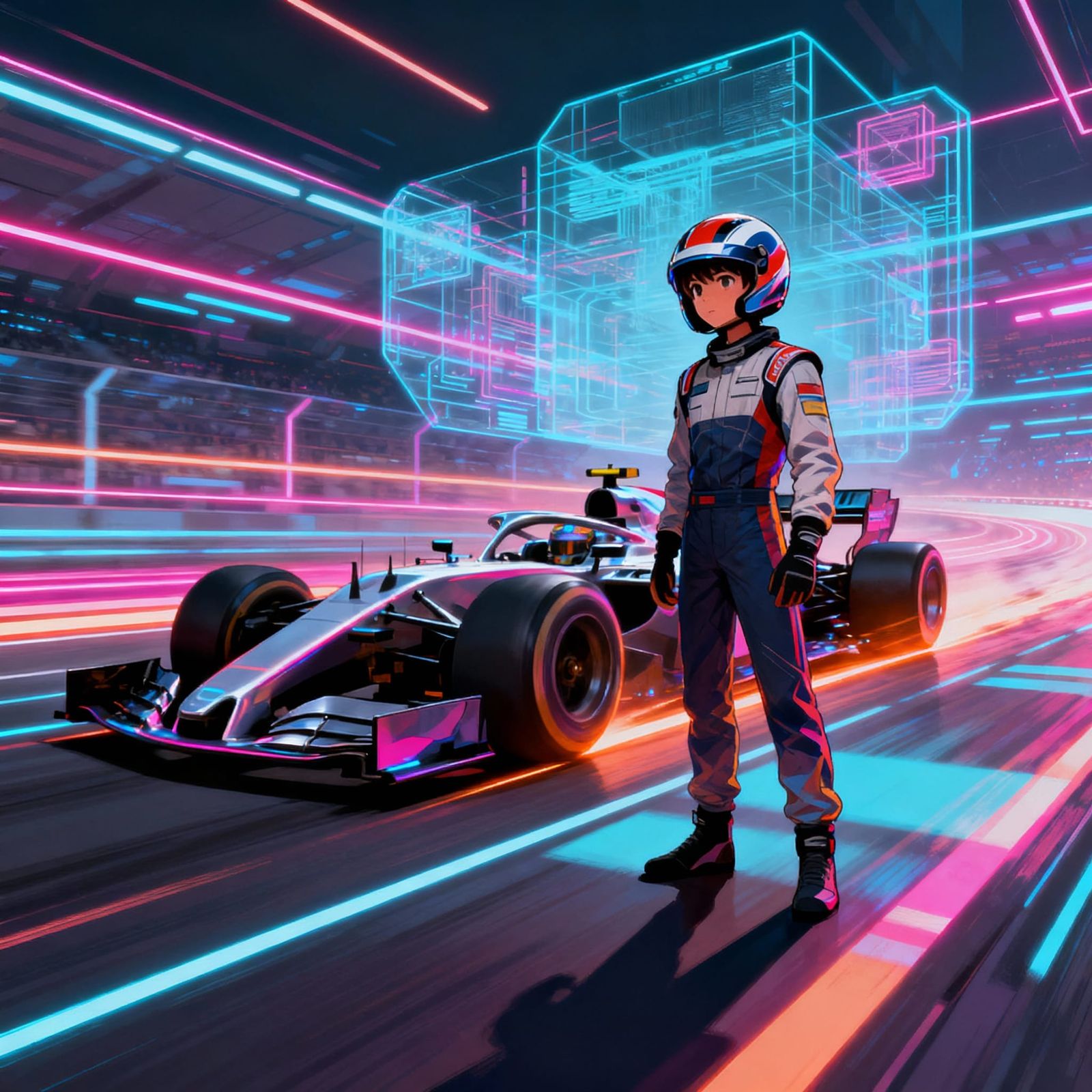 F1 Driver on Futuristic Track in Dynamic Digital Art