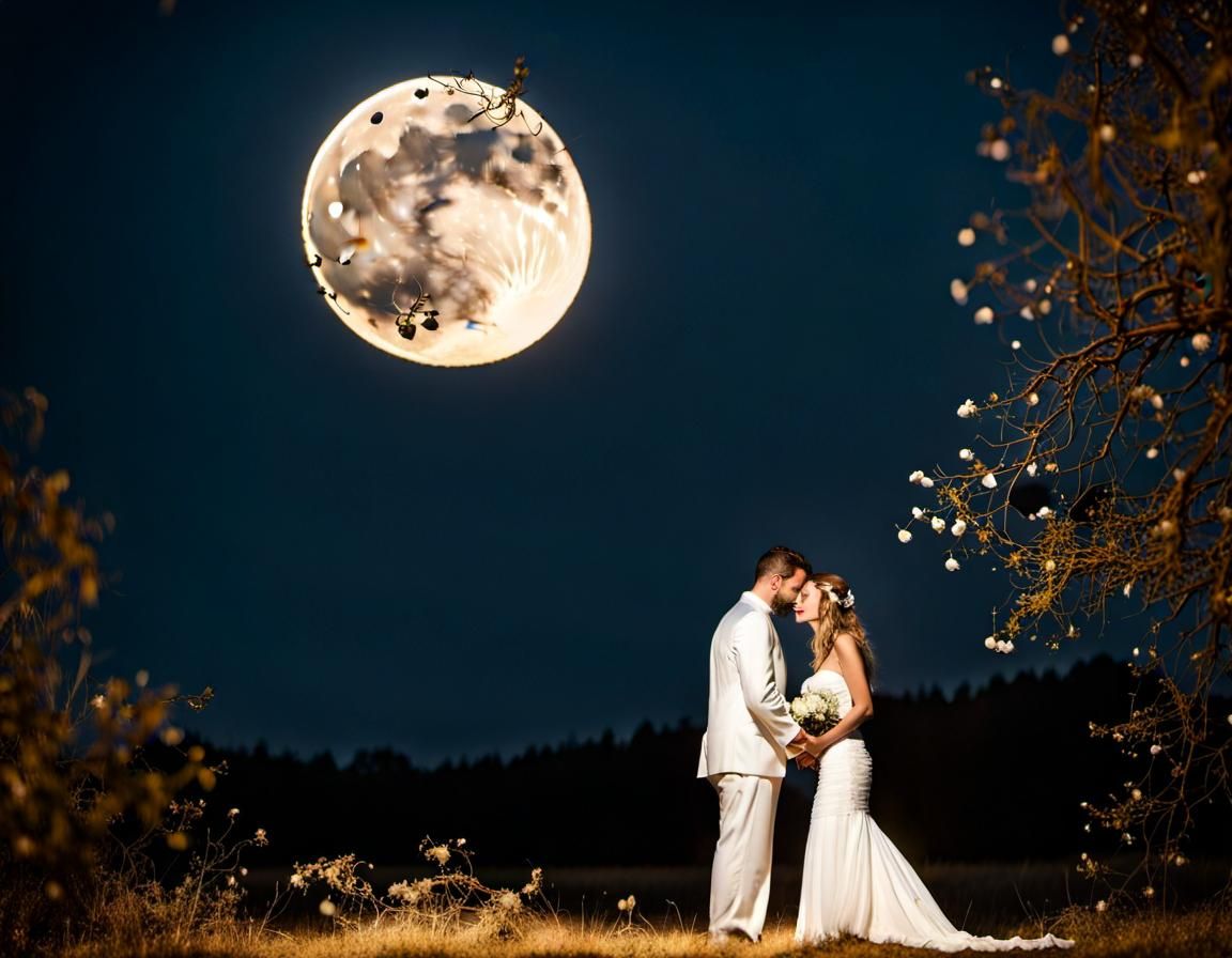 Romantic Midnight Wedding Under Giant Moon